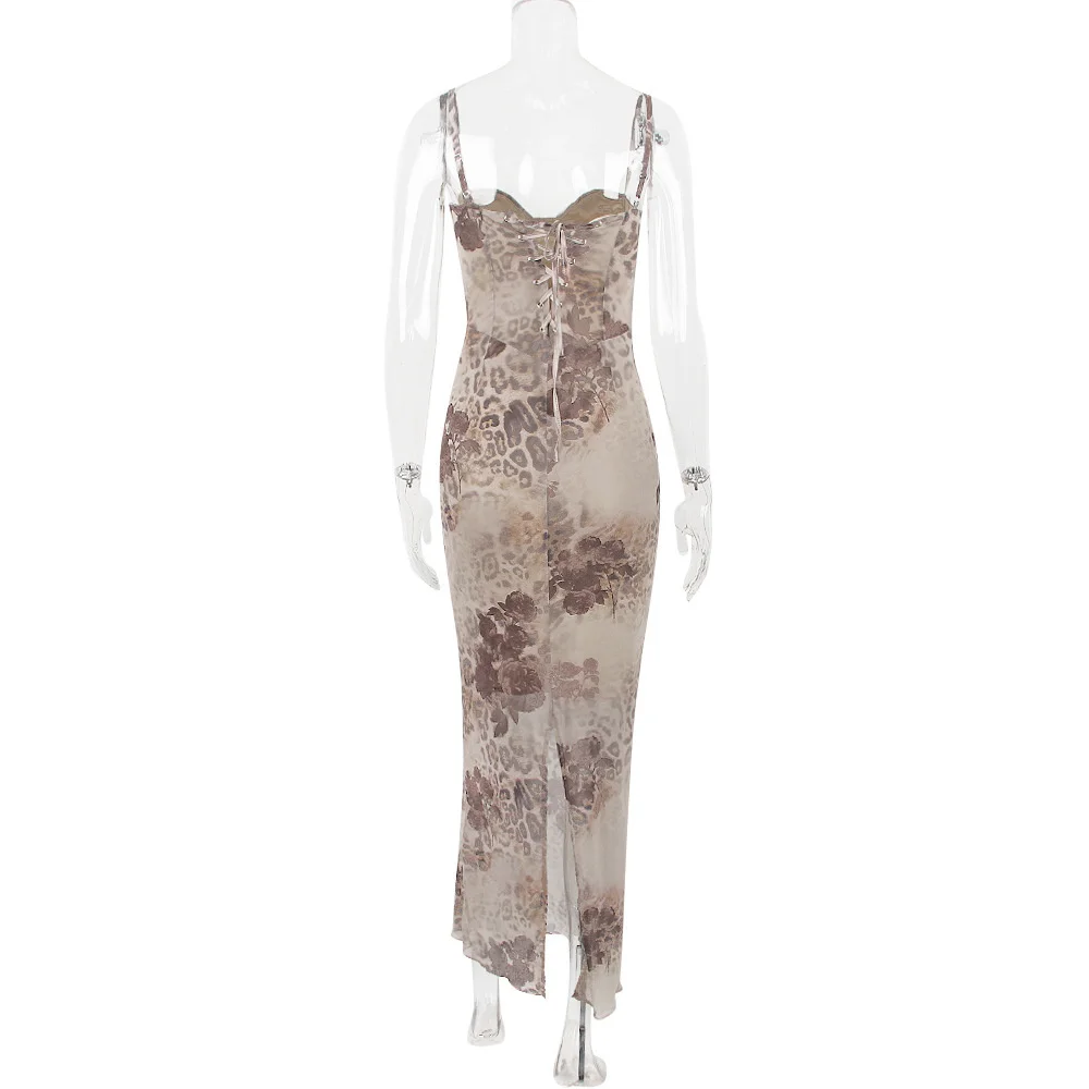 Ootddress Mesh Floral Print Maxi Dress Women Spaghetti Strap Sleeveless Lace-up Split Sundress Ladies Club Party Long Tank Dress