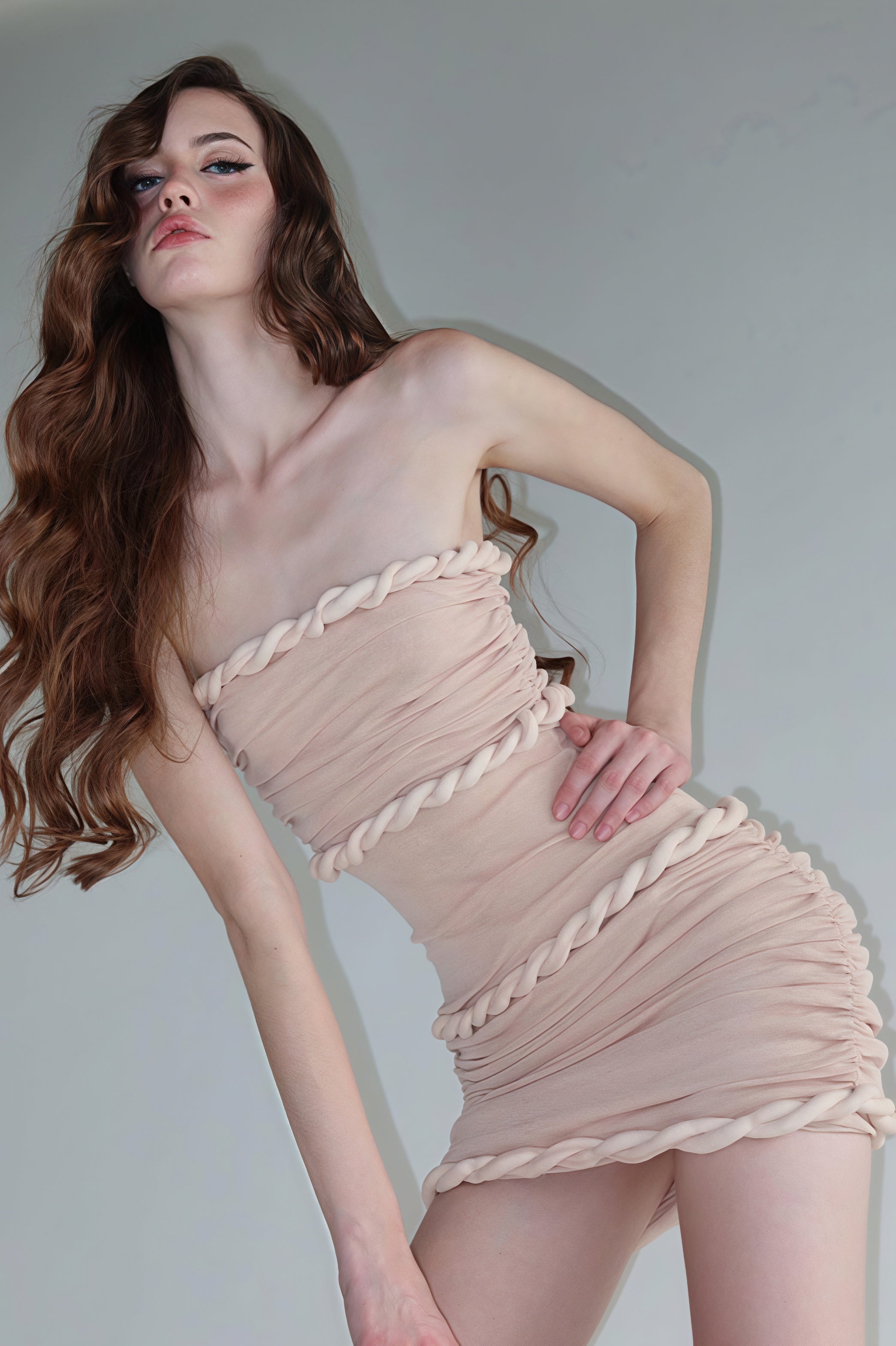 Strapless Ruched Rope Trim Horizontal Cord Bodycon Mini Dress