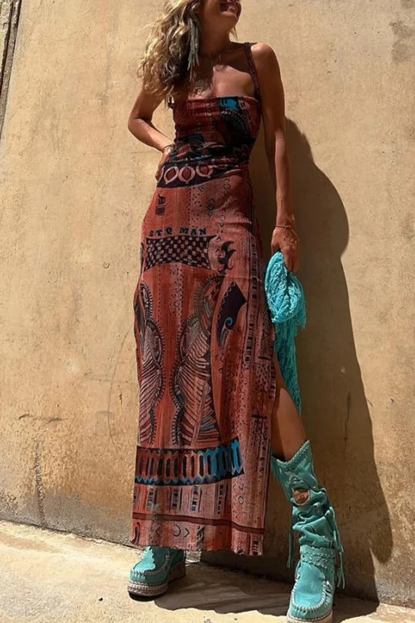 Baroque Print Lace Up Cross Back Halter High Split Maxi Two-Piece Set