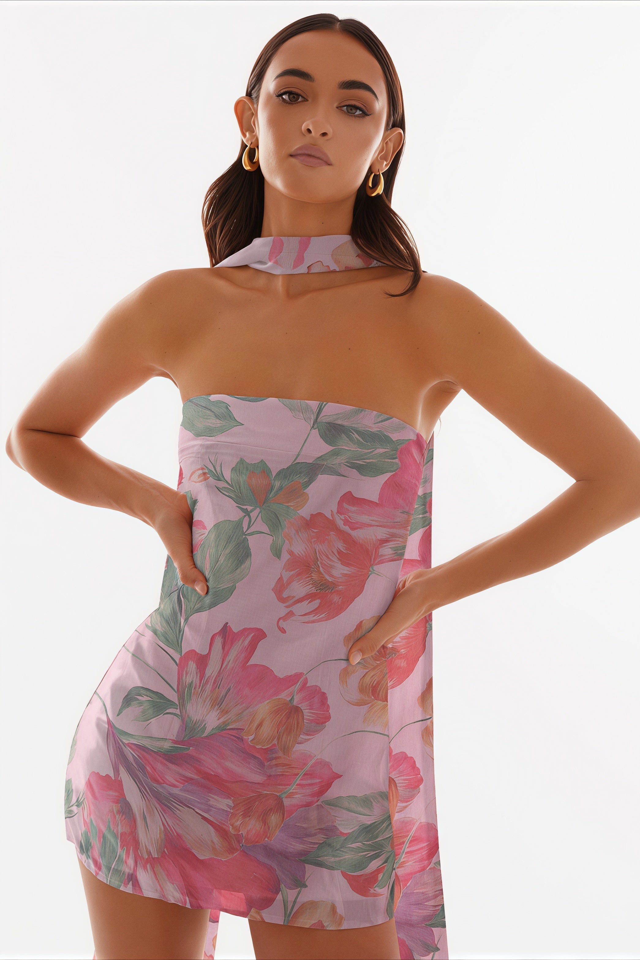 Strapless Ditsy Floral Print Matching Neck Tie Bodycon Mini Dress