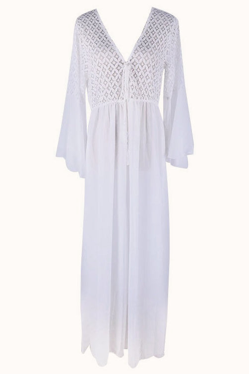 White Deep V Neck Crochet Bodice Bell Sleeve Pleated Maxi Dress