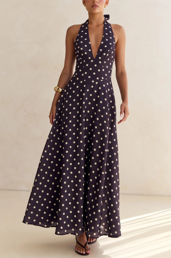 Floral Print V-neck Backless Tie-up Fitted Waist Elegant Maxi Dress