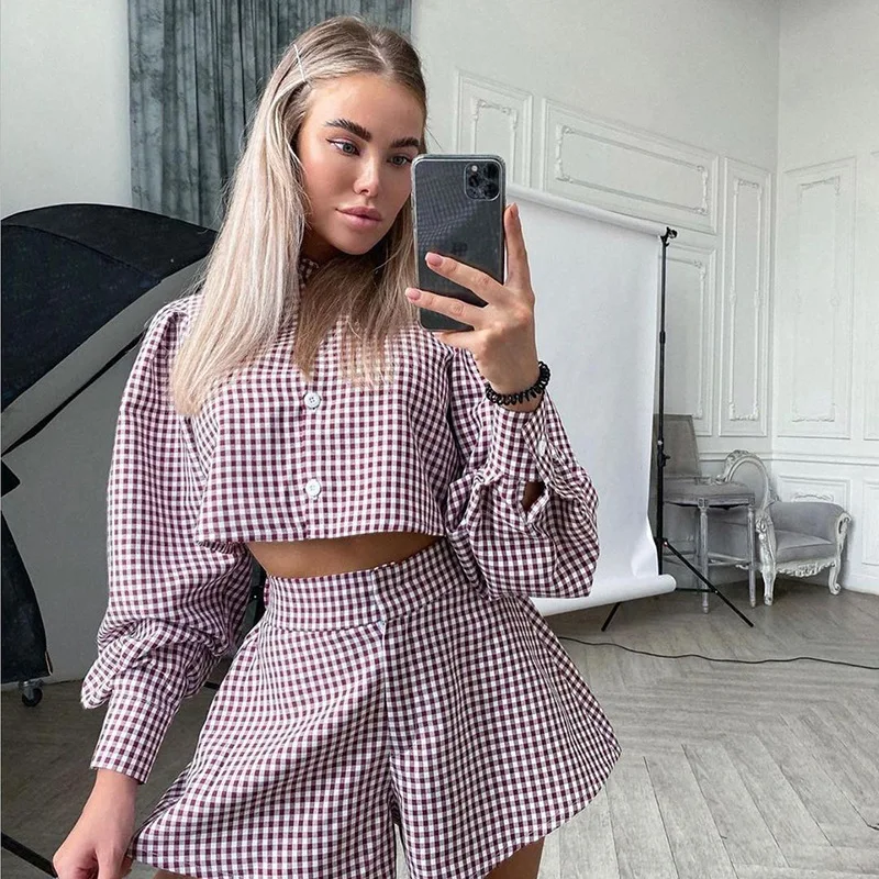 Ootddress OL Outfits Womens Two Piece Set Plaid Long Sleeve Shirts High Wasit Wide Legs Shorts Elegant Korte Suits Outfits 2 Piece 11 Ootddress OL Outfits Womens Two Piece Set Plaid Long Sleeve Shirts High Wasit Wide Legs Shorts Elegant Korte Suits Outfits 2 Piece