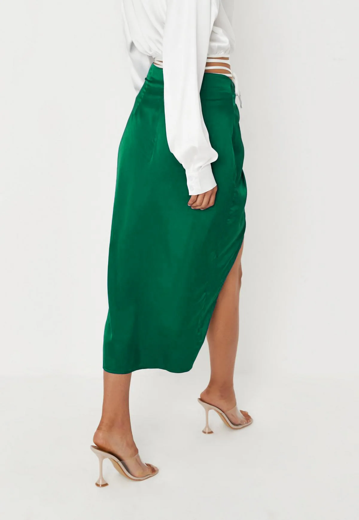 Ootddress Women Solid Satin High Splite Out Sexy Skirts Folds Irregular High Waist Bodycon Long Skirts Female French Style Outwears