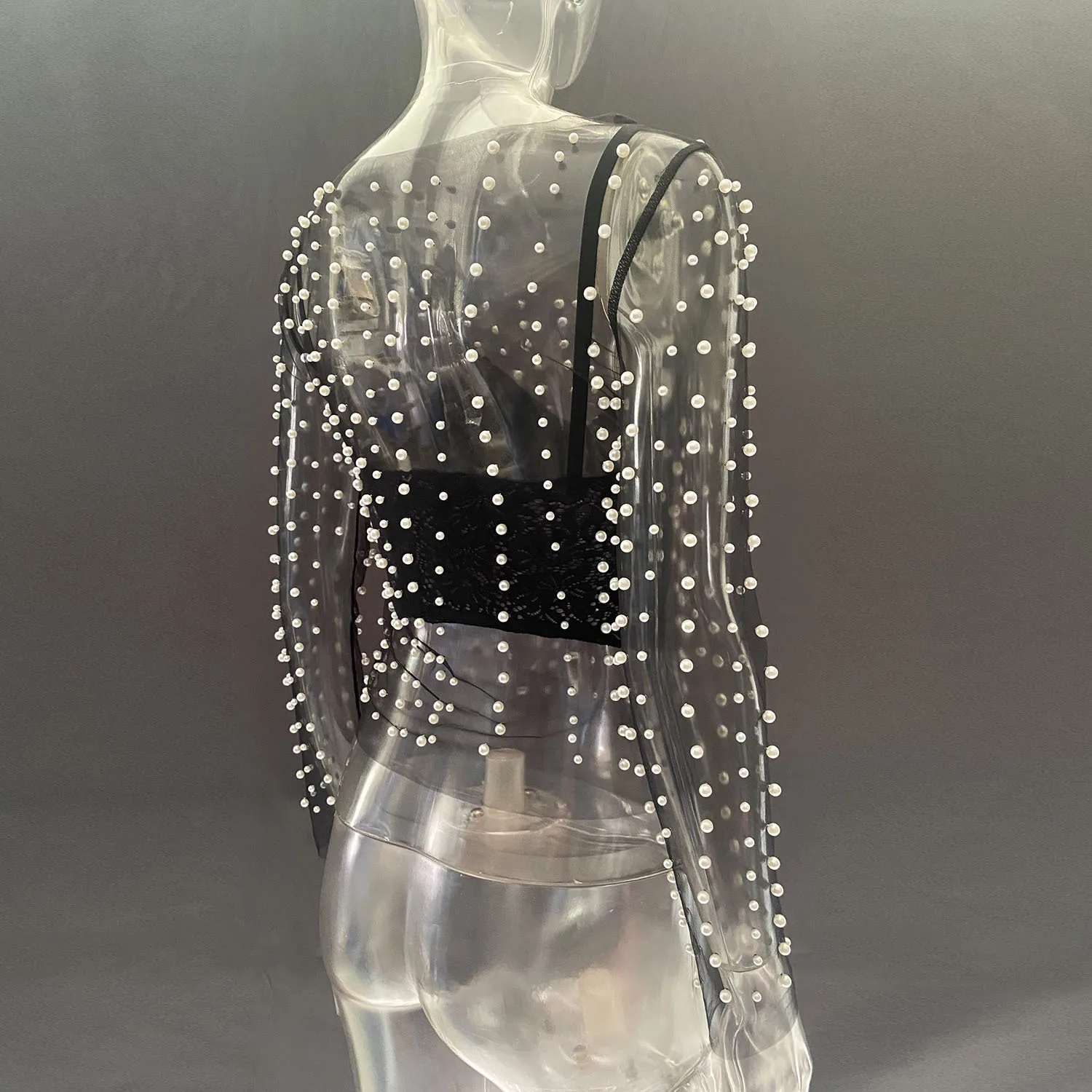 Ootddress Summer Long Sleeve Beach Top Mesh For Women Sheer Lace See-Through Crop top Pearls Cover up Slim Nude sexy Party Outfits