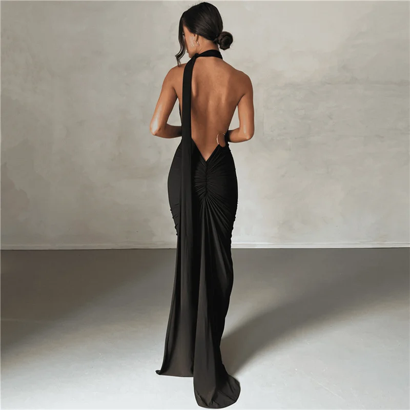 Ootddress Sexy Backless Hanging Neck Bodycon Evening Dress For Women Strapless Max Female Dress Charming Club Party Prom Dress