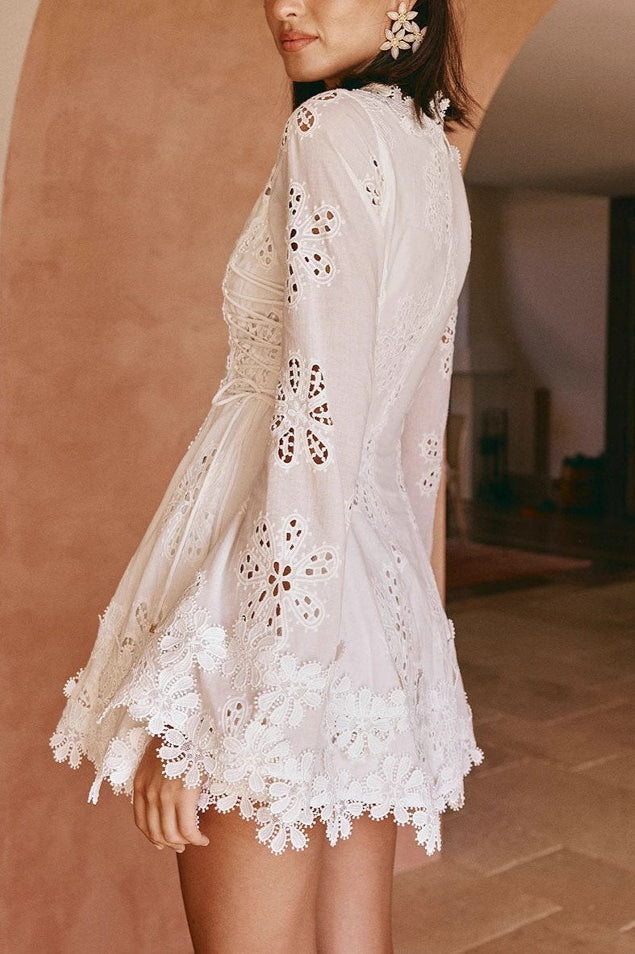 Floral Eyelet Scalloped Lace Deep V Tie Waist Bell Cuff Mini Dress