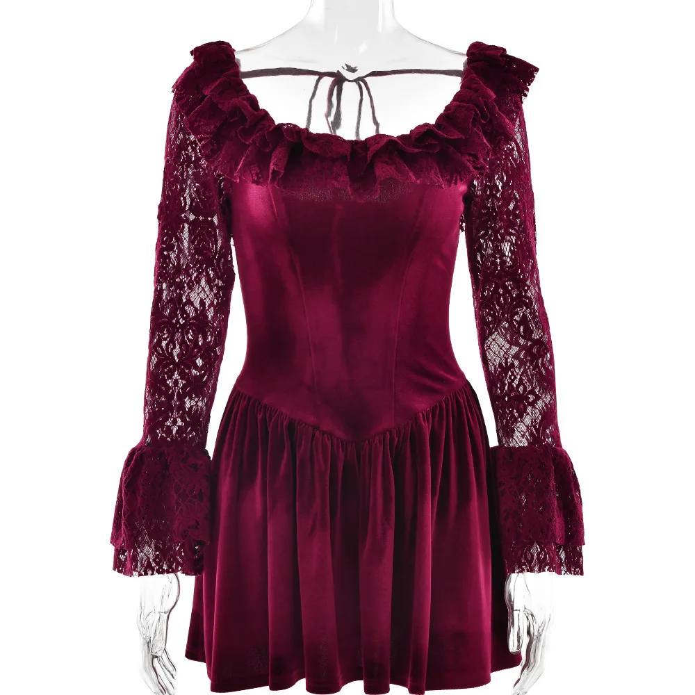 Ootddress Elegant Long Sleeve Lace Patchwork Tight Dress Women Sexy Trumpet Sleeves Slim Skirt Autumn/Winter New 2025 Vestido