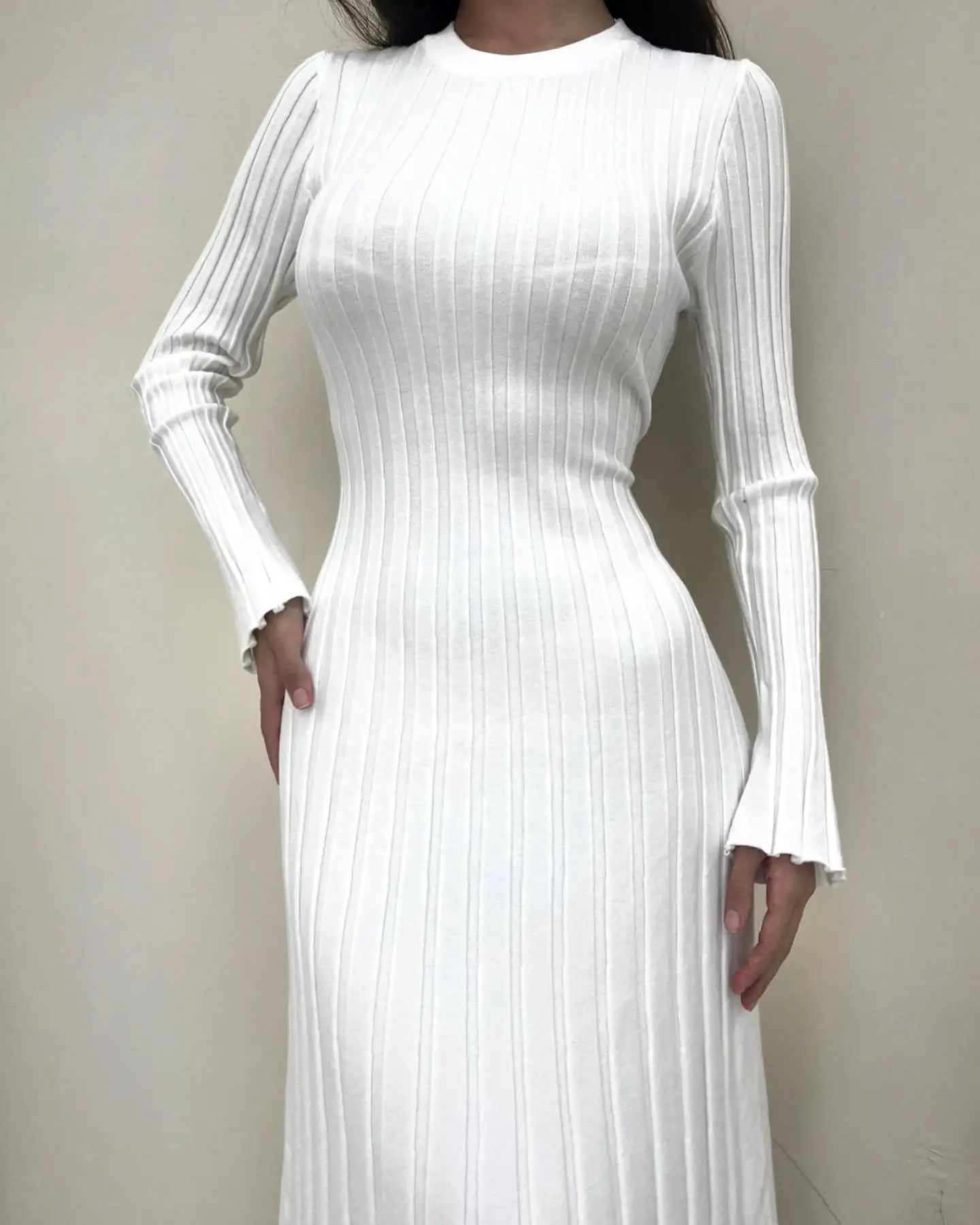 Ootddress Black Autumn Knitwear Maxi Dress Women's Ribbed Loose Patchwork Fashion High Waist Solid Dress Femal Bodycon Knit Dress