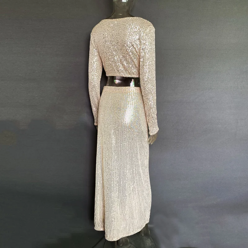 Ootddress Sequins Loose Dress Sets Women Long Sleeve Crop Tops High Waist Sexy Maxi Skirts Ladies Two Piece Suits Womens Outifits