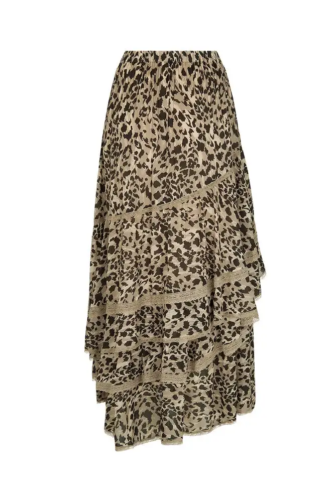 Ootddress Leopard Printed Maxi Skirt Female Ruffled Patchwork Fashion Summer 2025 High Waist Bandage Party Looks Women Long Skirt