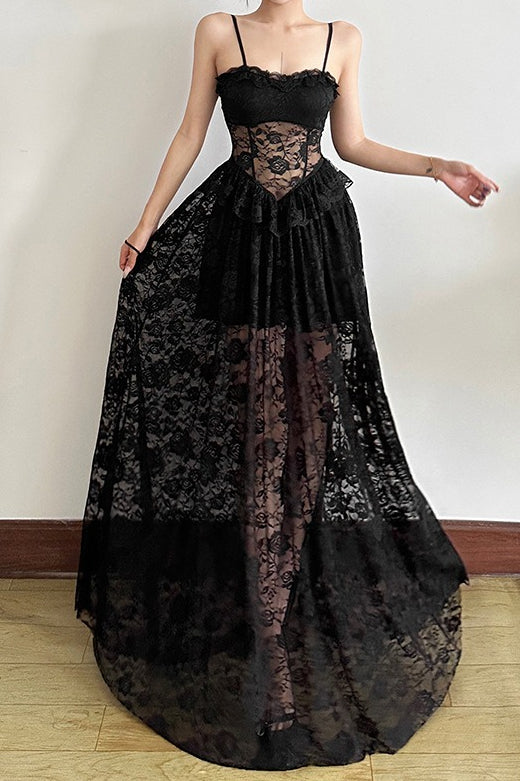 Corset Sweetheart Lace Peplum Waist Tiered Floral Maxi Dress