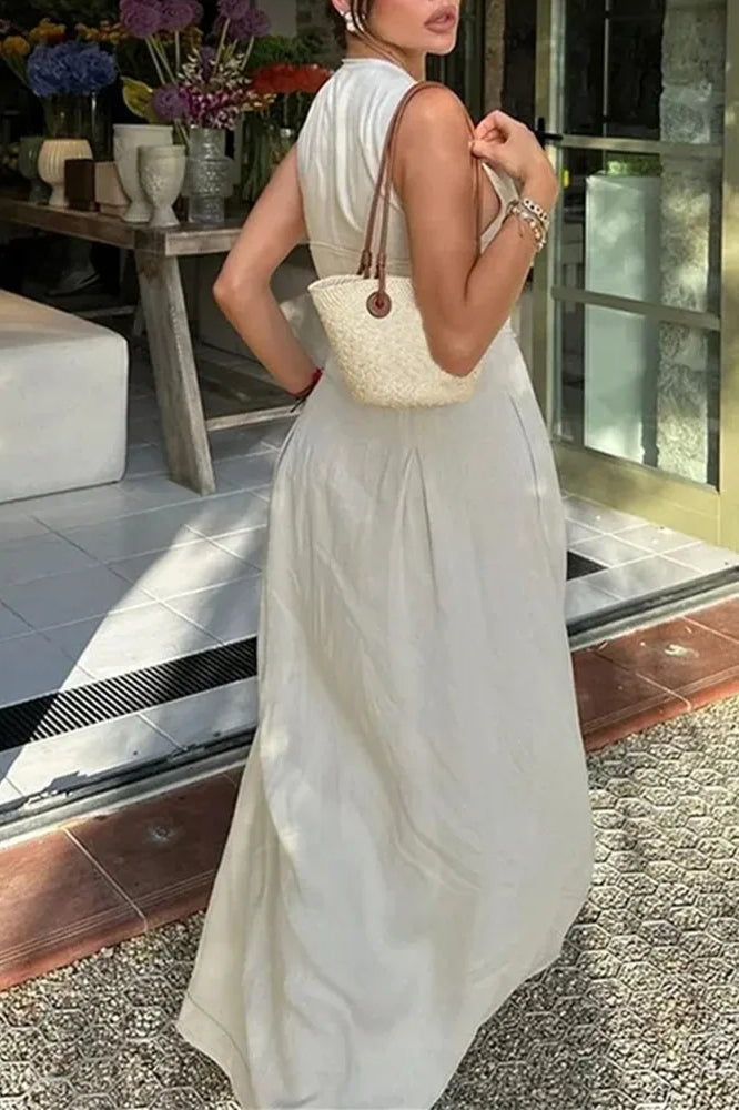 Zipper Front Corset Waist Linen Look Sleeveless Maxi Dress