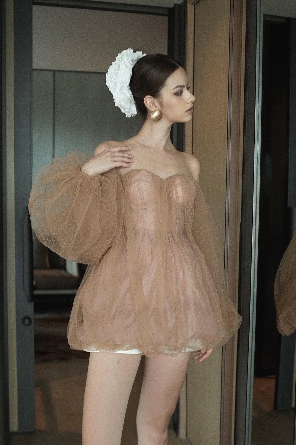 Polka Dot Tulle Sweetheart Neck Oversized Puff Sleeve Bubble Hem Mini Dress