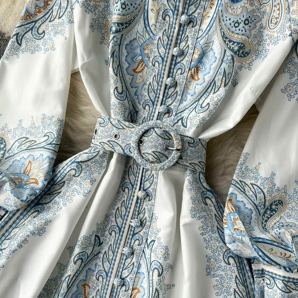New Women Vintage Party Dress Fashion Long Sleeve Single Breasted Stand Collar Elegant Printed Long Dresses Spring Autumn Robe