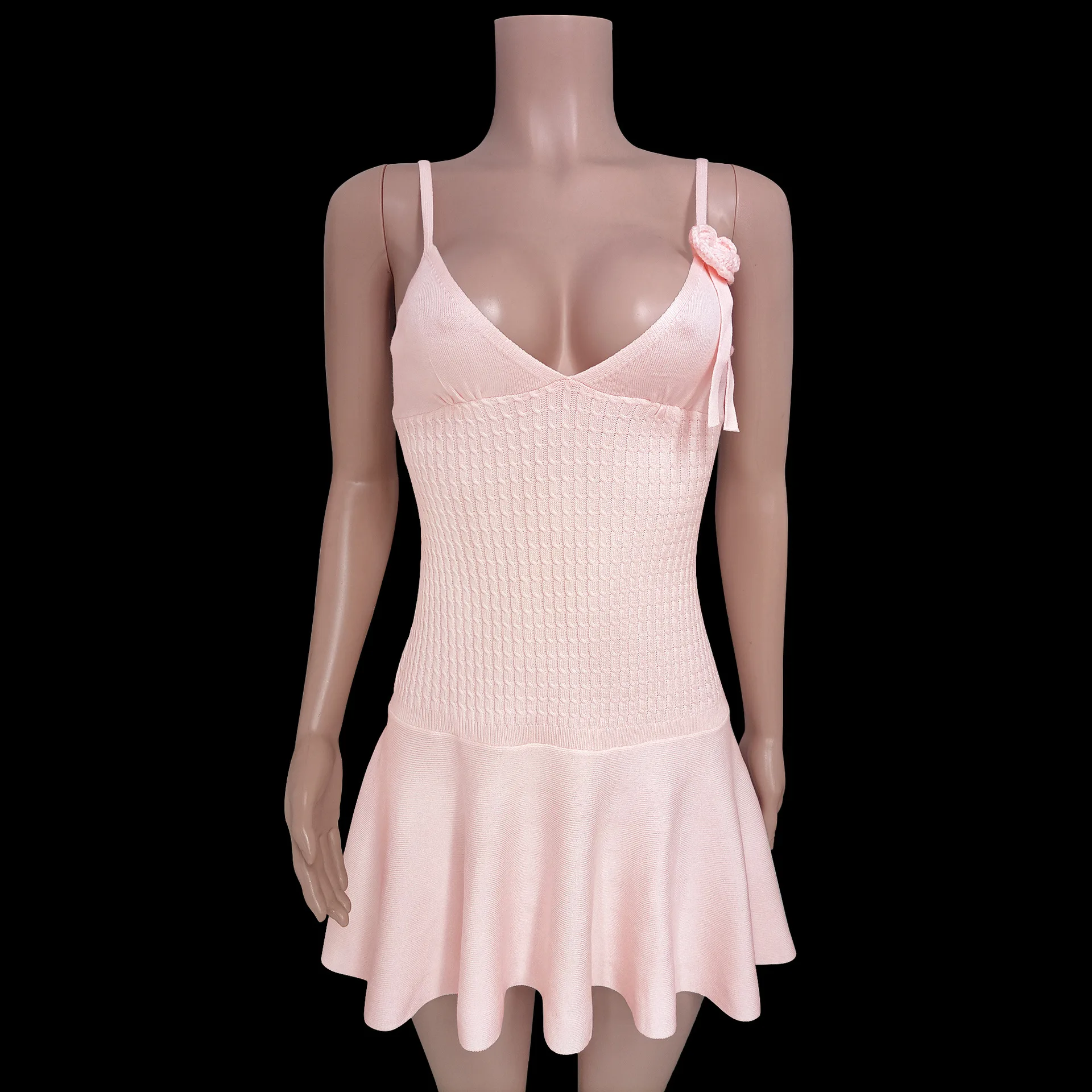 Ootddress Halter Floral Ribbed Knit Mini Dress For Women Folds Summer Sexy Sleeveless Dress Solid Y2K Female Slim Fit Party Dress