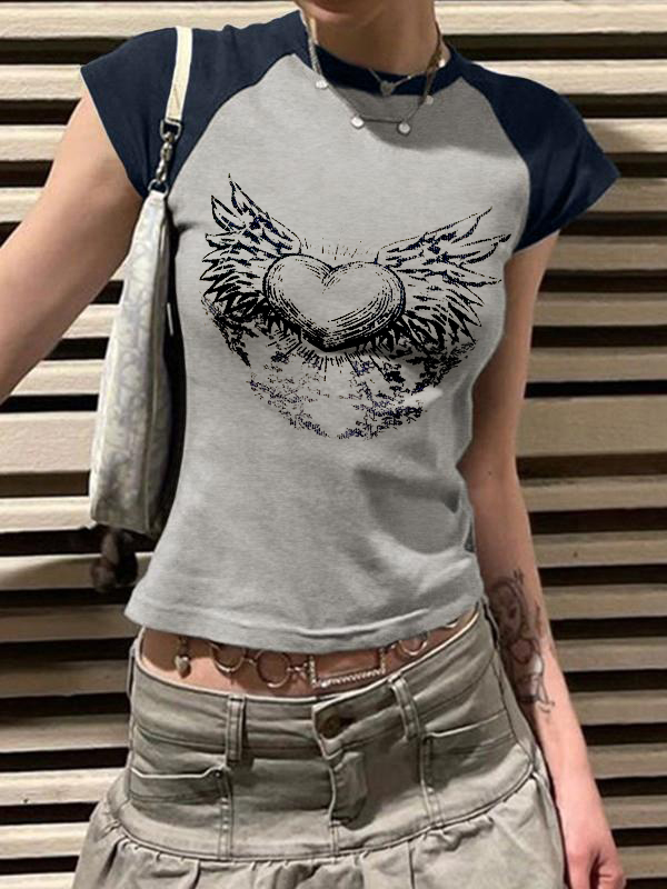Y2K Wings Print Contrast Raglan Slim Short Sleeve Tee