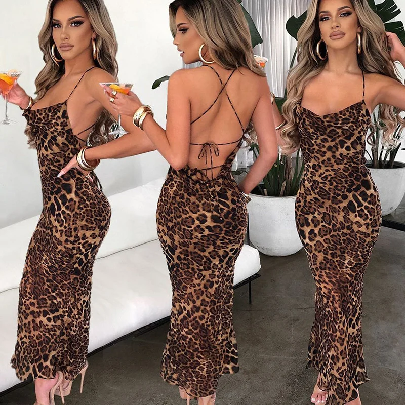 Ootddress Elegant Leopard Print Maxi Dress For Women Summer Sexy Club Party Dresses Female Spaghetti Strap Sleeveless Long Dress