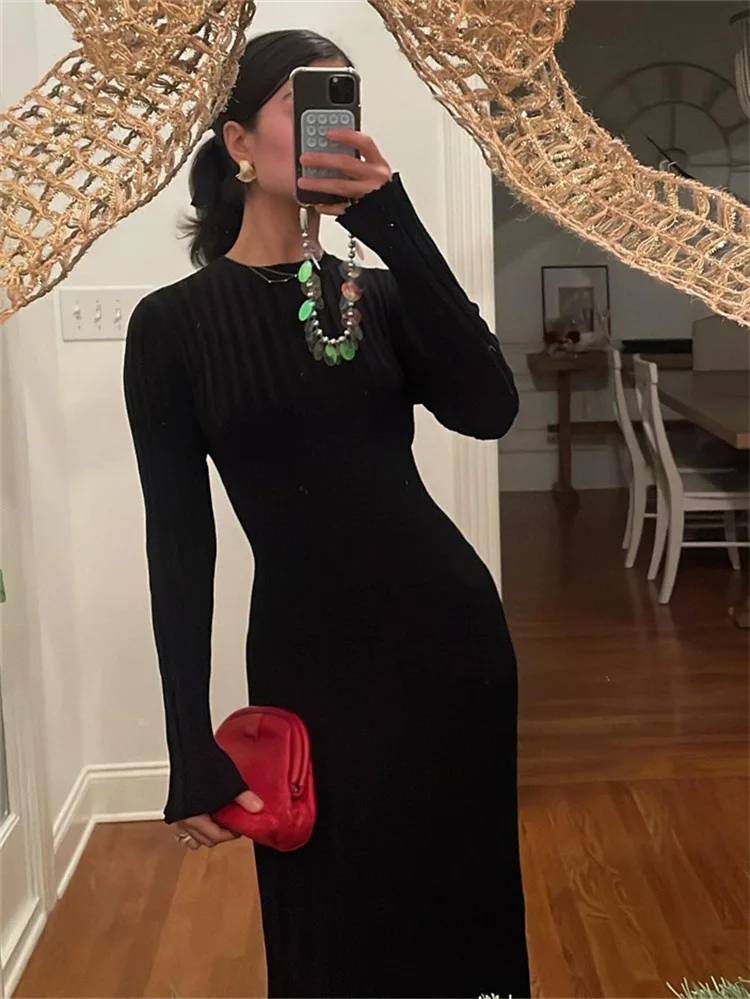 Ootddress Black Autumn Knitwear Maxi Dress Women's Ribbed Loose Patchwork Fashion High Waist Solid Dress Femal Bodycon Knit Dress