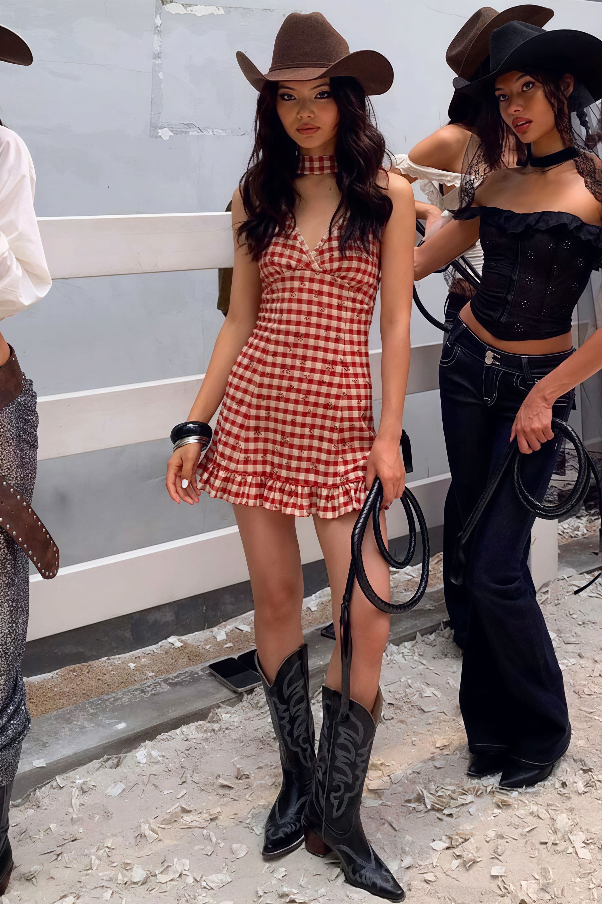 Plaid Deep V-Neck Halter Neck A-Line Mini Dress