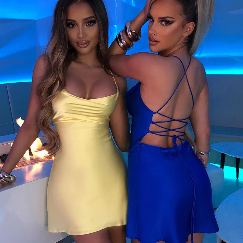 Ootddress New Spaghetti Straps Mini Satin Dress Women 2025 Summer Backless Low Cut Sexy Dresses Ladies Club Wear Party Sundresses