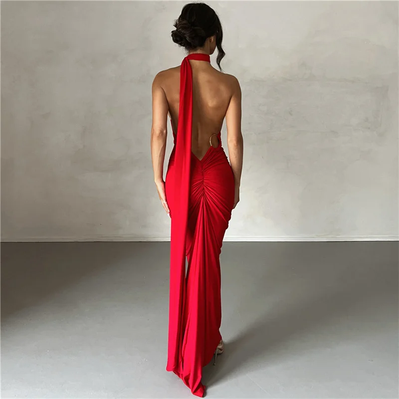 Ootddress Sexy Backless Hanging Neck Bodycon Evening Dress For Women Strapless Max Female Dress Charming Club Party Prom Dress