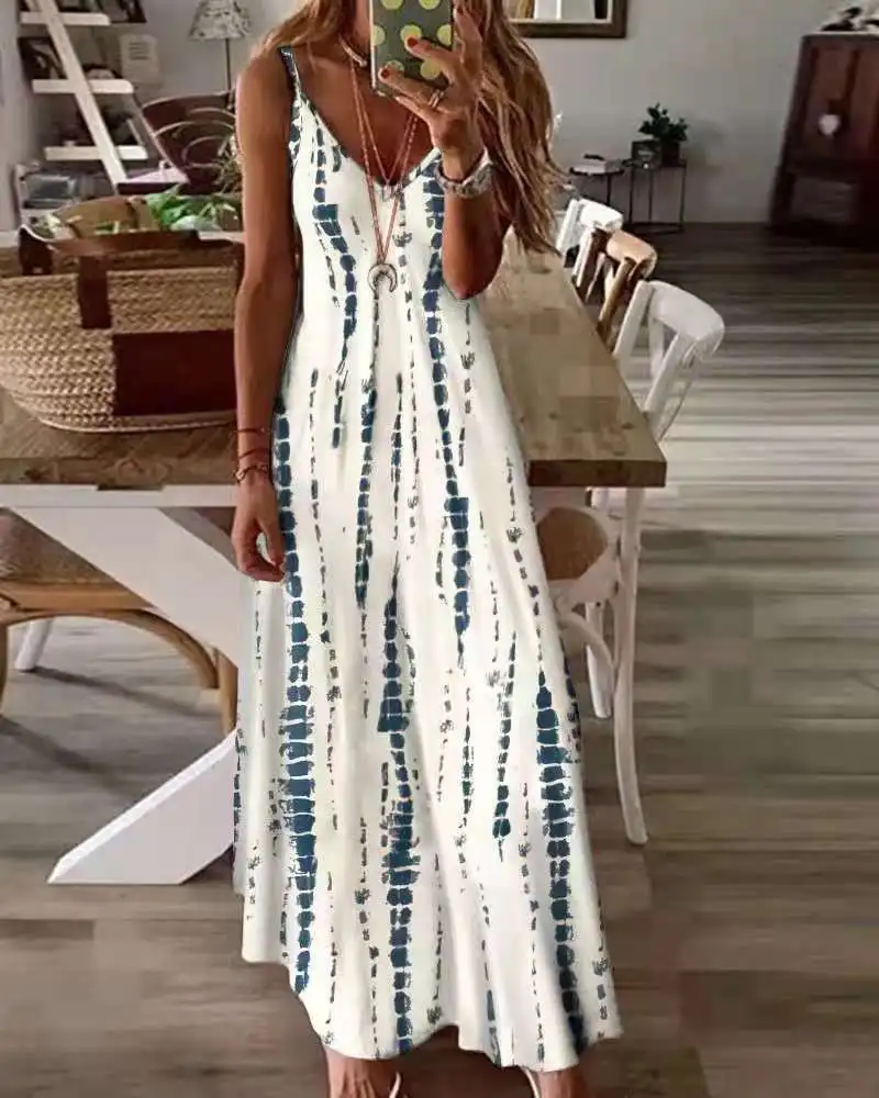 Casual Printed Maxi Spaghetti Strap Dresses For Women V-neck Backless A-line Long Dress Fashion Bohemian Style Beach Vestidos 11 undefined