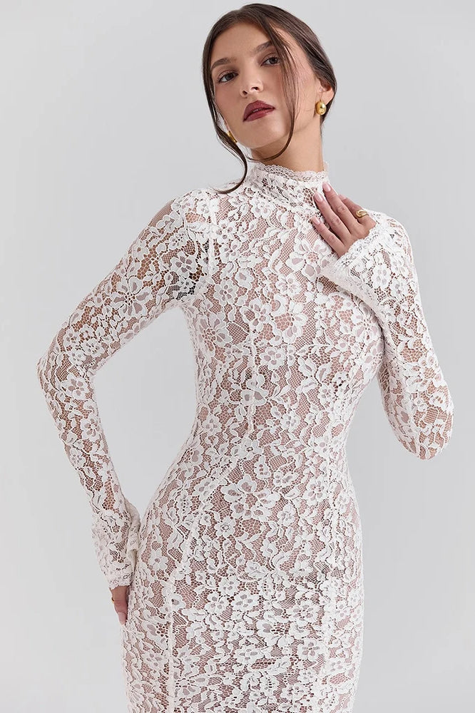 Floral Lace Mock Neck Bell Sleeve Mermaid Hem Midi Dress