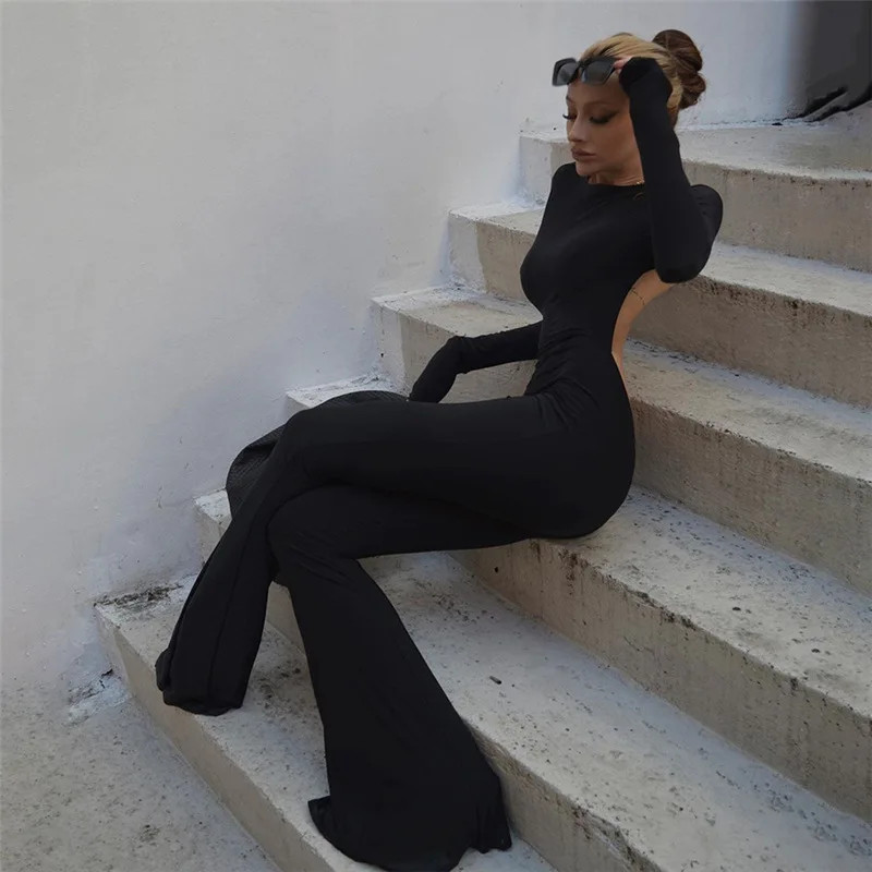 Ootddress Backless For Women Black Jumpsuit Long Sleeve Slim Casual Fashion Rompers High Street Female Solid Bodycon Jumpsuit 2025