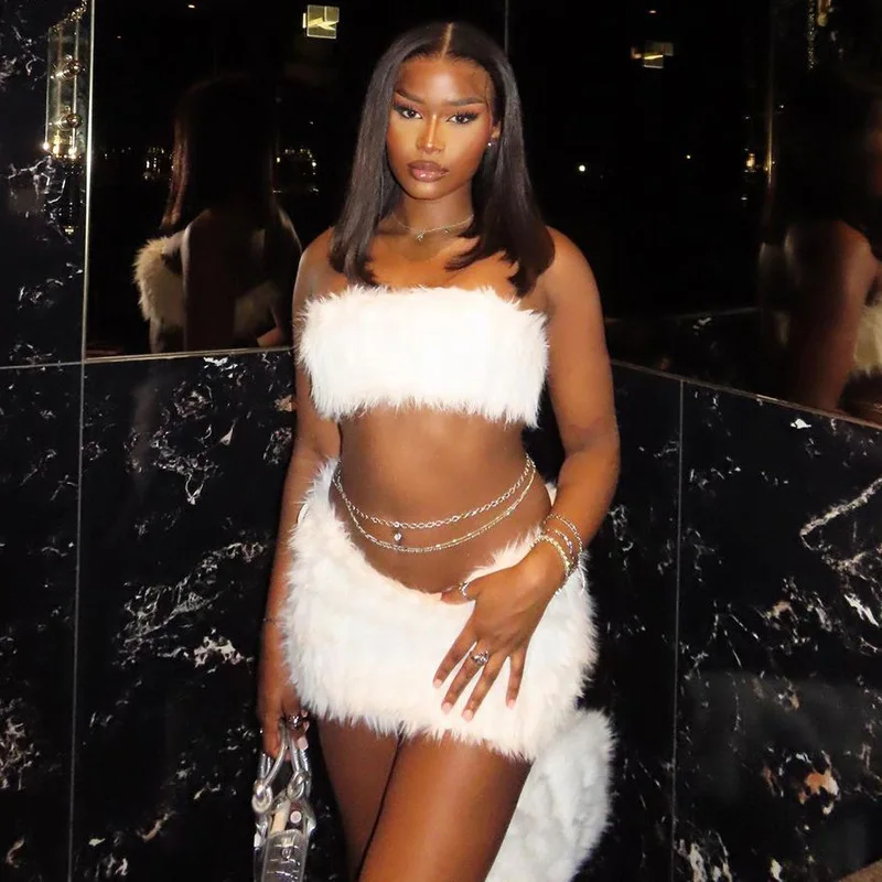 Ootddress Splice Feather Skirt 2 Piece Sets Womens Outfits Sexy Off Shoulder Strapless Tube Tops 2025 New Warm Skirts Sets Women