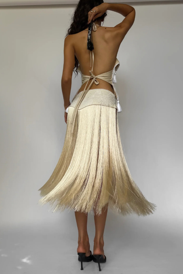 Fashionable Lace Appliqué Tassel Hem Vacation Maxi Skirt