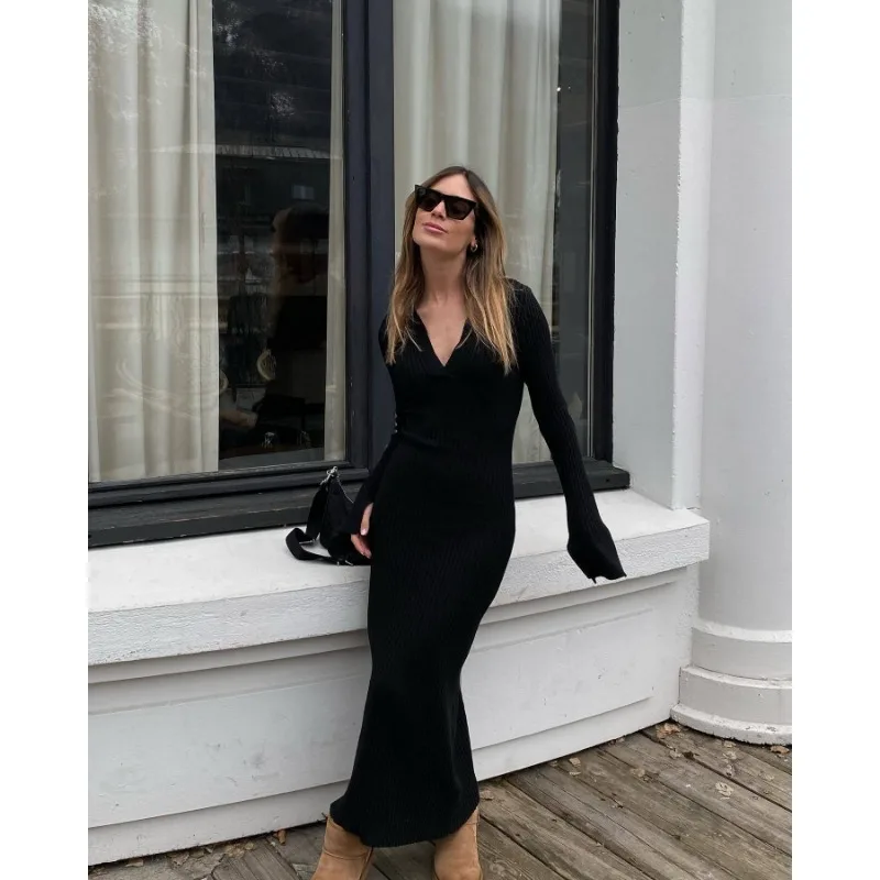 Ootddress Striped V-Neck Knit Maxi Dress For Women Ribbed Patchwork Slim Long Sleeve Elegant Party Dress Loose Knitwear Long Dress