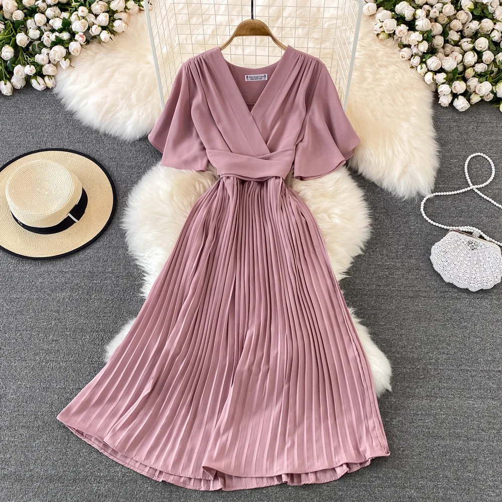 Women Elegant Pleated Dress Summer Short Sleeve V-neck Vintage Dresses Ladies A Line High Waisted Midi Dress