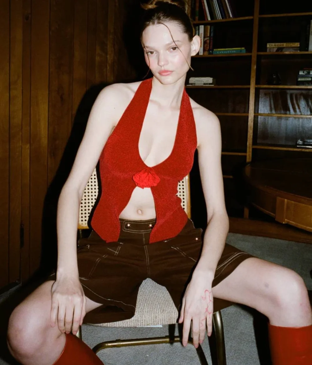 Ootddress Woolen Halter Neck Sleeveless T-shirts For Women Clothing Flower Solid Slim Crop Top Femme Casual Vacation Sexy Vest