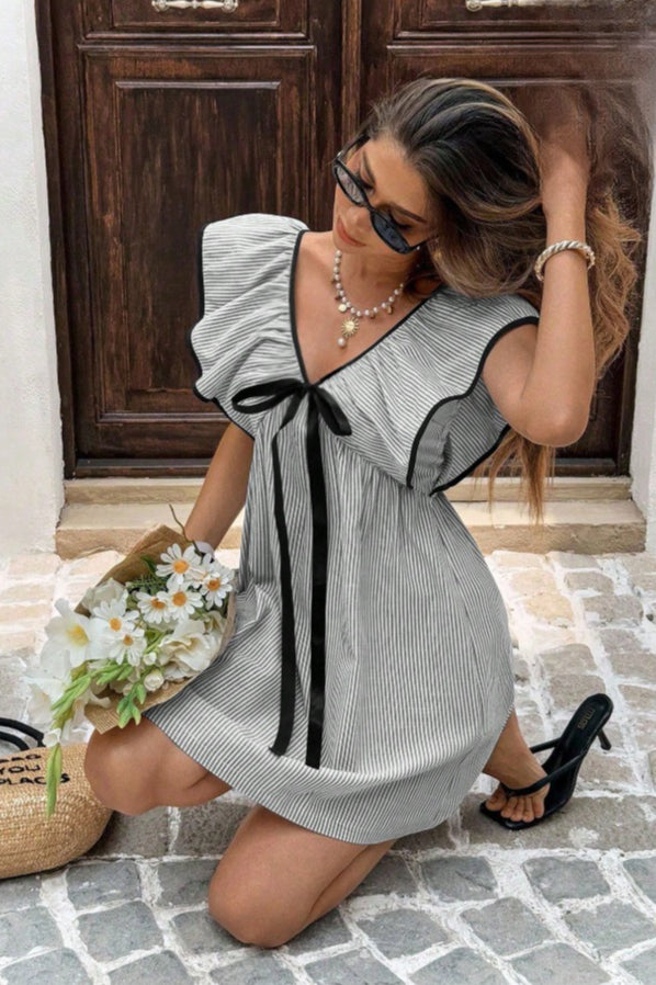 Pinstripe V-Neck Ruffle Flounce Collar Flutter Sleeve Ribbon Bow Mini Dress