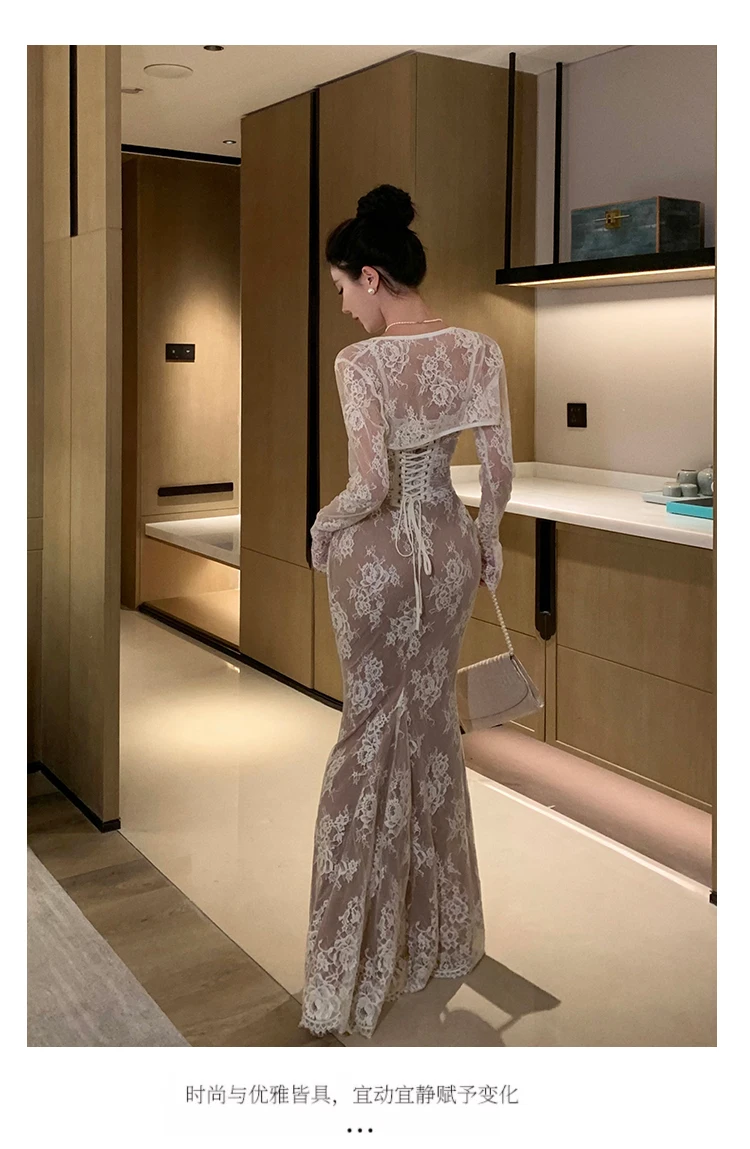 Sexy Bodycon Lace Long Dresses for Women Wedding Party Dress Spaghetti Strap with Smock French Vintage Evening Maxi Vestidos New 11 Sexy Bodycon Lace Long Dresses for Women Wedding Party Dress Spaghetti Strap with Smock French Vintage Evening Maxi Vestidos New