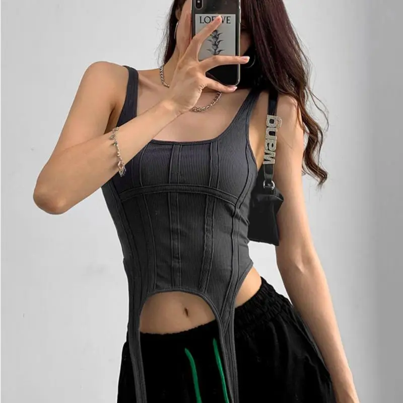 Ootddress Y2k Croset Top Women Summer Fashion Vintage Irregular Rib Knitted Sleeveless Slim Cropped Tops Feminino Sexy Tank Top