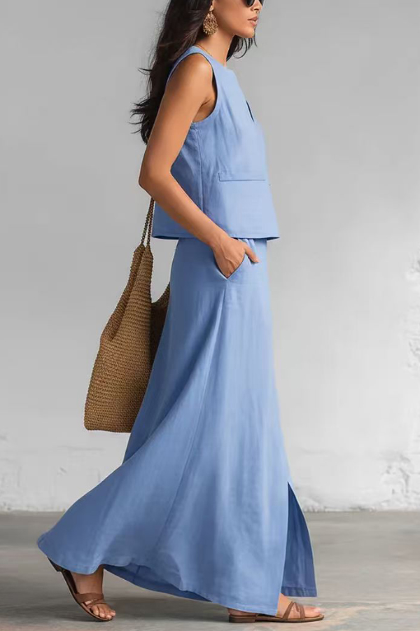 Linen Blend Loose V-neck Sleeveless Top and Elastic Waist Casual Pocket Midi Skirt Set