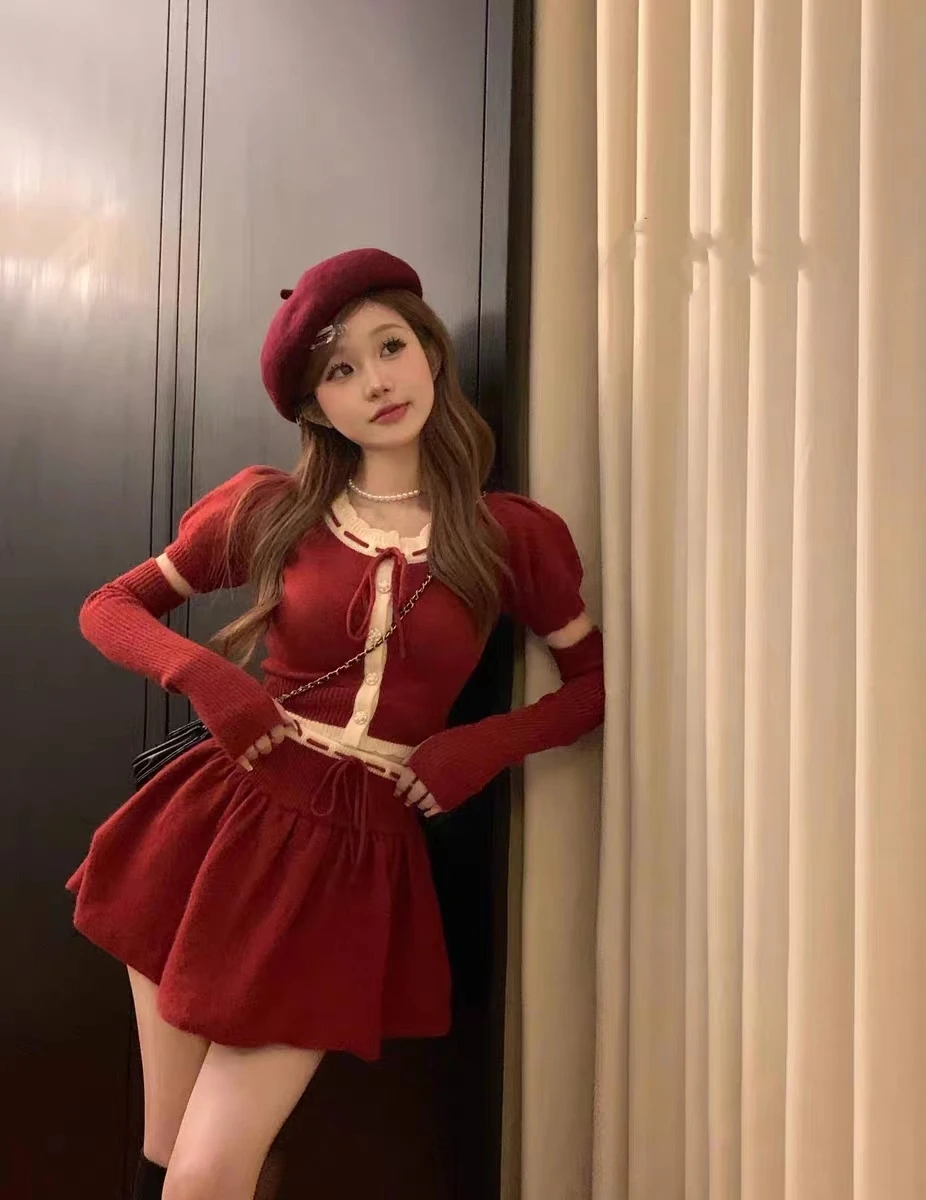 Y2K Two-Piece Knitwear Suit Women Single Breasted Long Sleeve Cropped Top High Waist Mini Skirt Korean Fashion Knitted Outfits