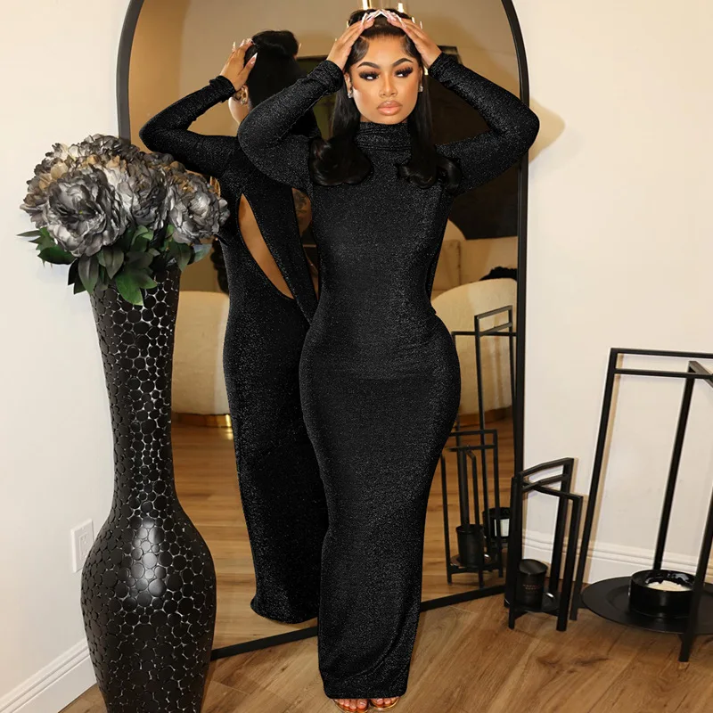 Ootddress Elegant Backless Dress Women Bodycon Long Sleeve Y2k Bright Silk Sexy Dresses Womens Party Temperament Dress Ladies 2025