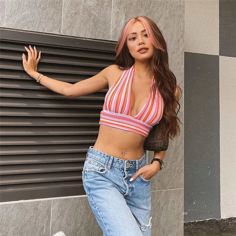 Ootddress 2025 Summer New Stripe Tank Top Women Sexy V-Neck Halter Bandage Crop Top Y2K Backless Party Beach Streetwear DIY Clothing 23 Ootddress 2025 Summer New Stripe Tank Top Women Sexy V-Neck Halter Bandage Crop Top Y2K Backless Party Beach Streetwear DIY Clothing