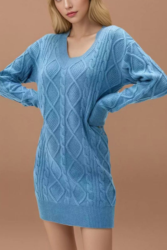 Cable Knit Diamond Pattern V-Neck Long Sleeve Sweater Mini Dress
