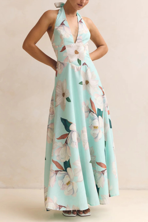 Floral Print V-neck Backless Tie-up Fitted Waist Elegant Maxi Dress