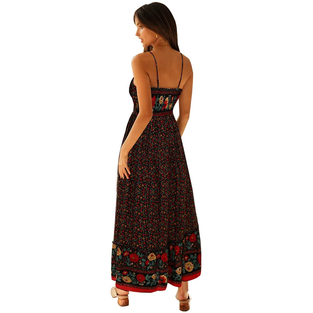 Bohemian Floral Spaghetti Strap Dresses Women Sexy V-neck Backless Casual Beach Vacation Long Dress Female Vestidos Summer New 44 undefined