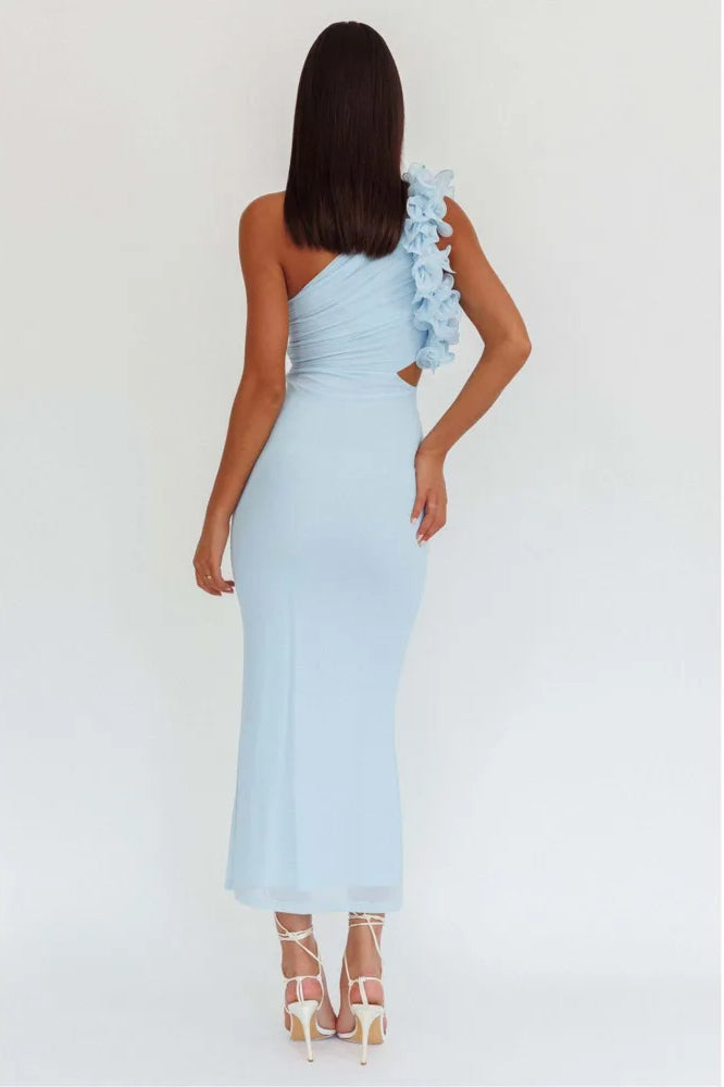 One Shoulder 3D Rosette Ruffle Side Cut Out Ruched Bodycon Midi Dress