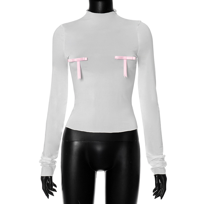 Ootddress Splice Bow Shirts For Women Slim O Neck Long Sleeve Crop Tops Female 2025 Autumn Fashion Bodycon White Tshirts Ladies New