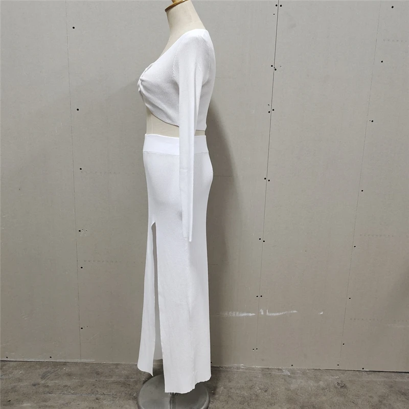 Ootddress Knitted Two Piece Dress Women Outfits Long Sleeve Crop Top and Midi Skirt High Split Out Dress Set Female Bodycon White 18 Ootddress Knitted Two Piece Dress Women Outfits Long Sleeve Crop Top and Midi Skirt High Split Out Dress Set Female Bodycon White