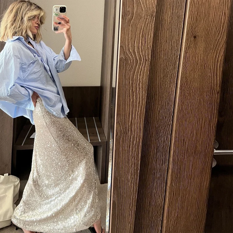 Ootddress Sequins Loose Dress Sets Women Long Sleeve Crop Tops High Waist Sexy Maxi Skirts Ladies Two Piece Suits Womens Outifits