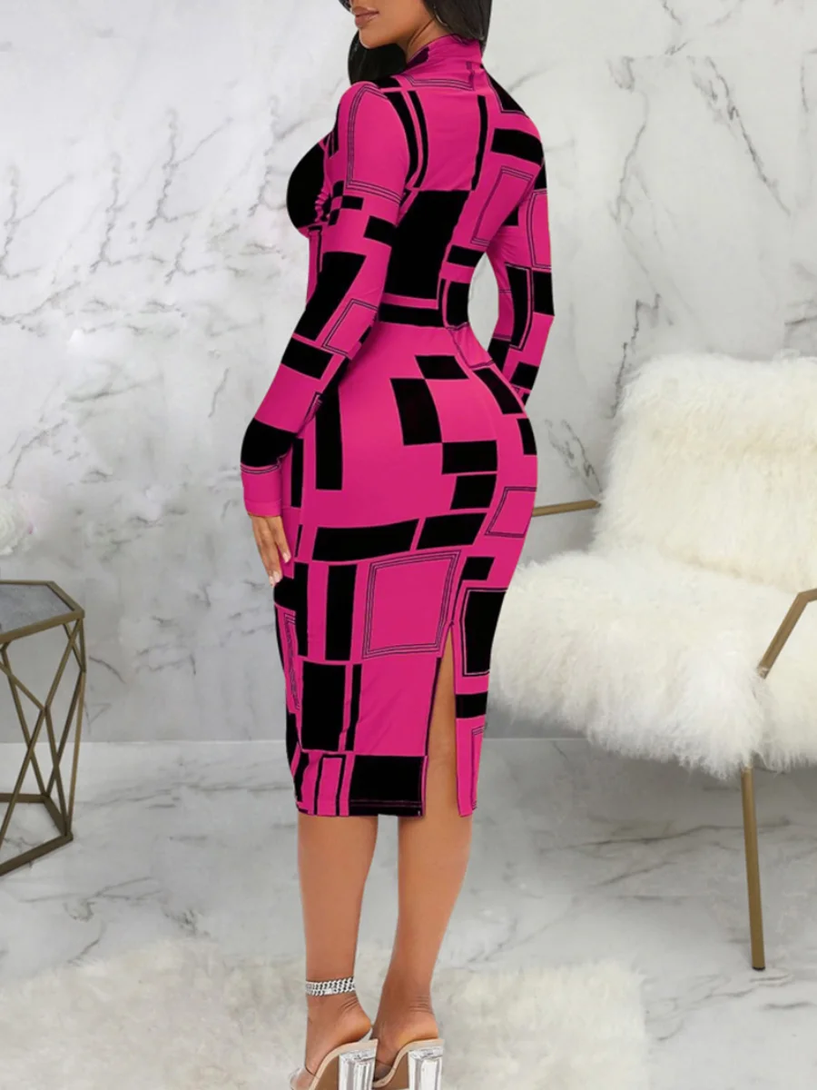 SXY Geometric Print Patchwork Bodycon Dress Mock Neck Body-shaping Long Sleeve Stretchy Women Skinny Streetwear Clothing