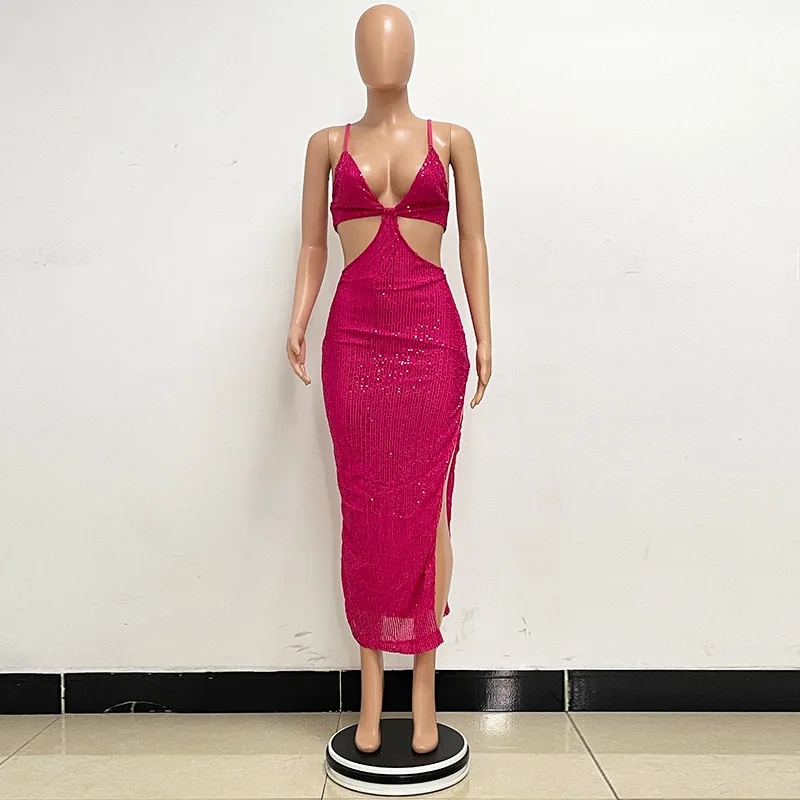 Sexy Hollow High Waist Slit Evening Dress Fashion Sequined Backless Sleeveless Elegant Party Dresses Solid Long Graduation Dress 121 undefined